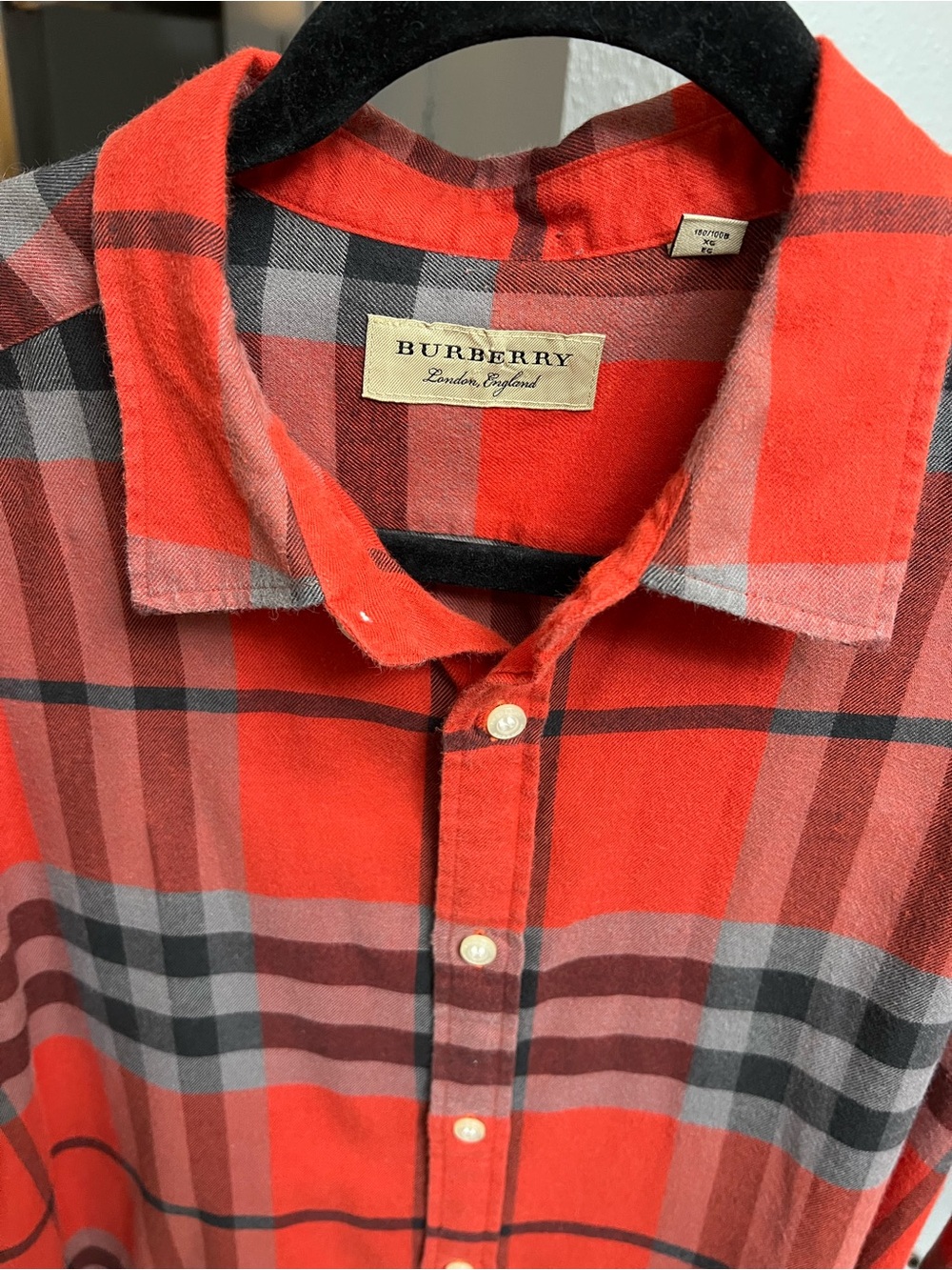 Burberry Red and Gray Plaid Casual Button-Down Shirt